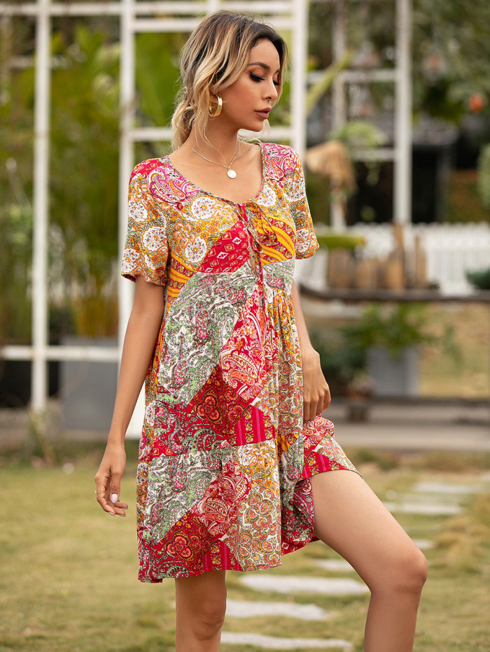 New Bohemian Vacation Beach Style Neckline Lace-up Short Sleeve Casual Dresses