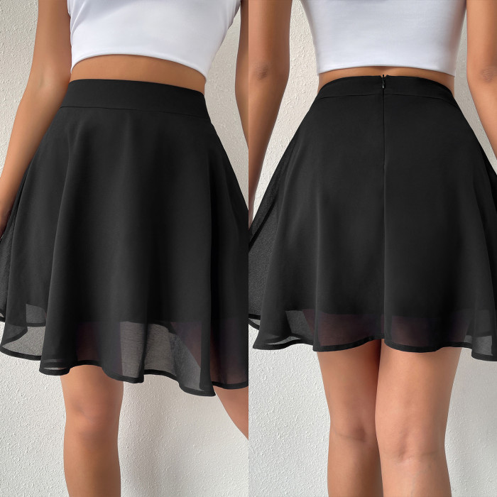 Fashion Solid Double Layer Chiffon Zip Casual Skirt