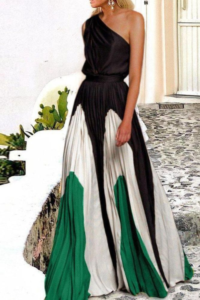 Fashion One Shoulder Sleeveless Color Block Maxi Dress
