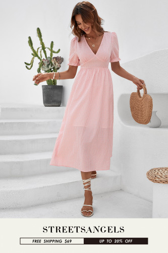 Sweet V-Neck Puff Sleeves Solid Color A-Line Fashion Midi Dress