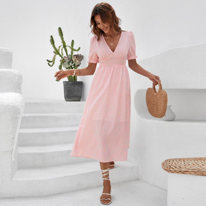 Sweet V-Neck Puff Sleeves Solid Color A-Line Fashion Midi Dress