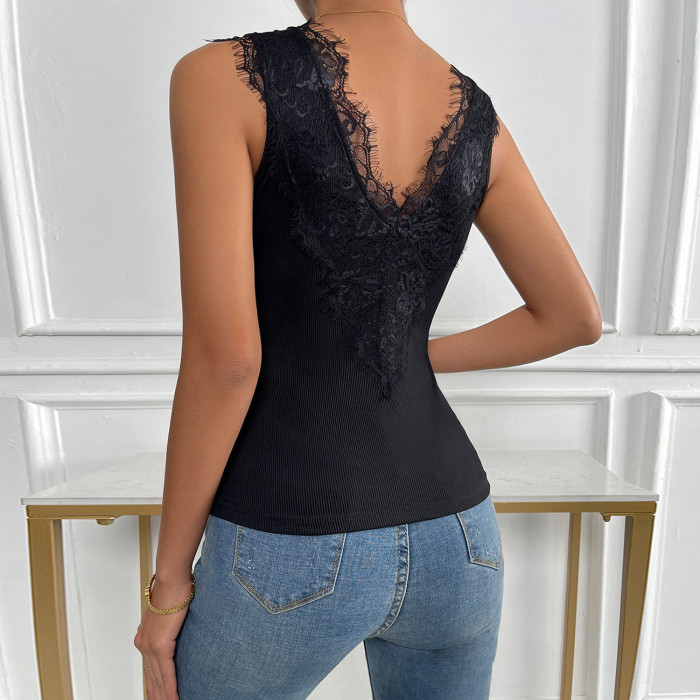 Sexy Solid Lace See-Through V-Neck Sleeveless Fashion Camisole Top