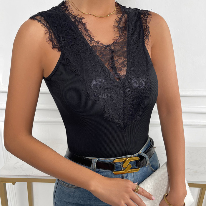 Sexy Solid Lace See-Through V-Neck Sleeveless Fashion Camisole Top