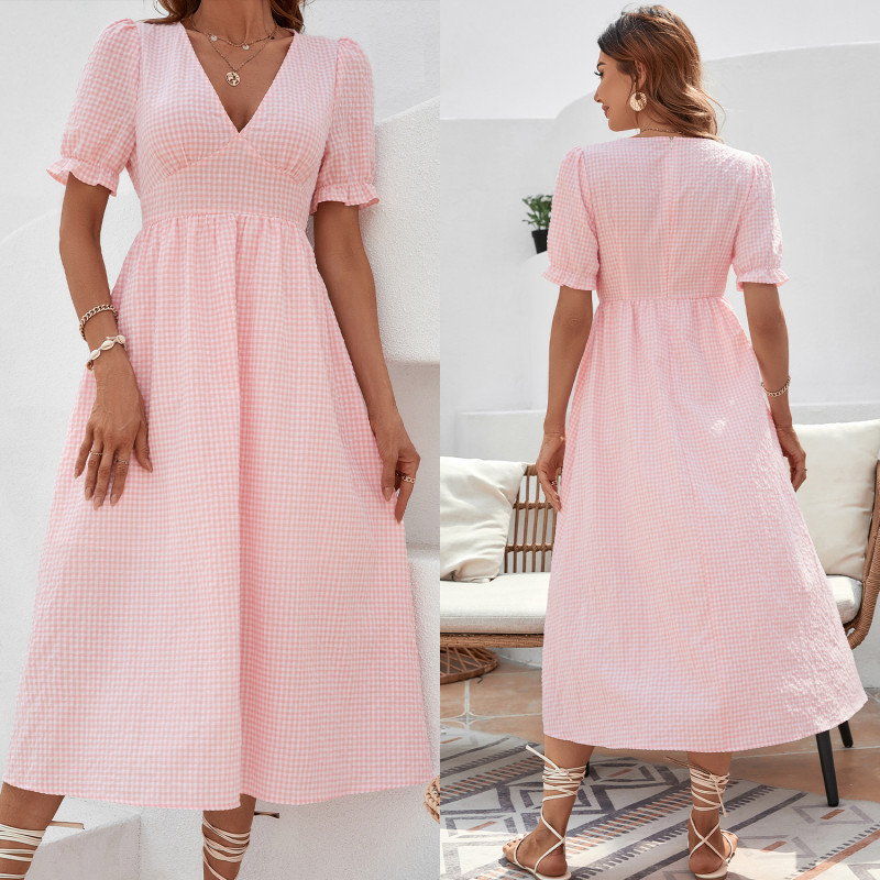 Sweet V-Neck Puff Sleeves Solid Color A-Line Fashion Midi Dress