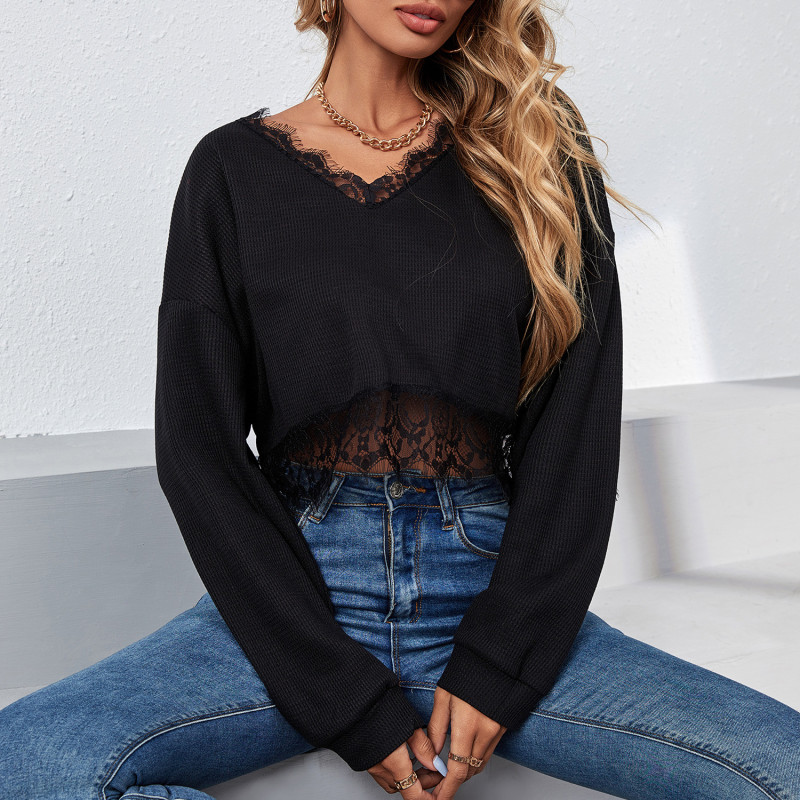 Fashion Sexy Casual Solid Color Lace V-Neck Long Sleeves Blouses & Shirts