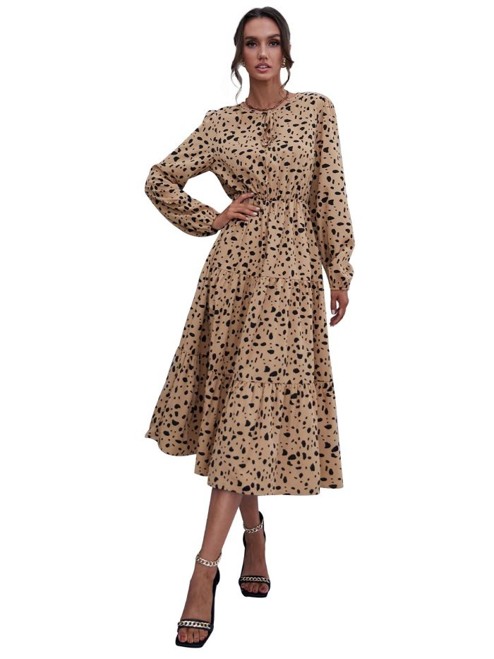 Fashion Elegant Leopard Print O Neck Party Casual  Midi Dress