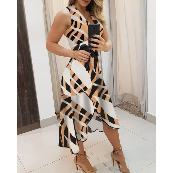 Fashionable Sexy V-Neck Sleeveless Contrast Print Midi Dress