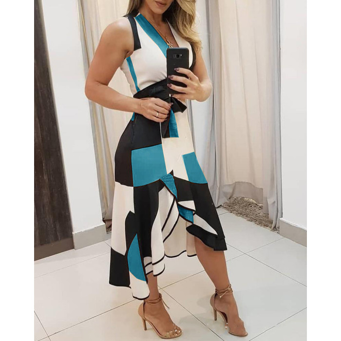 Fashionable Sexy V-Neck Sleeveless Contrast Print Midi Dress
