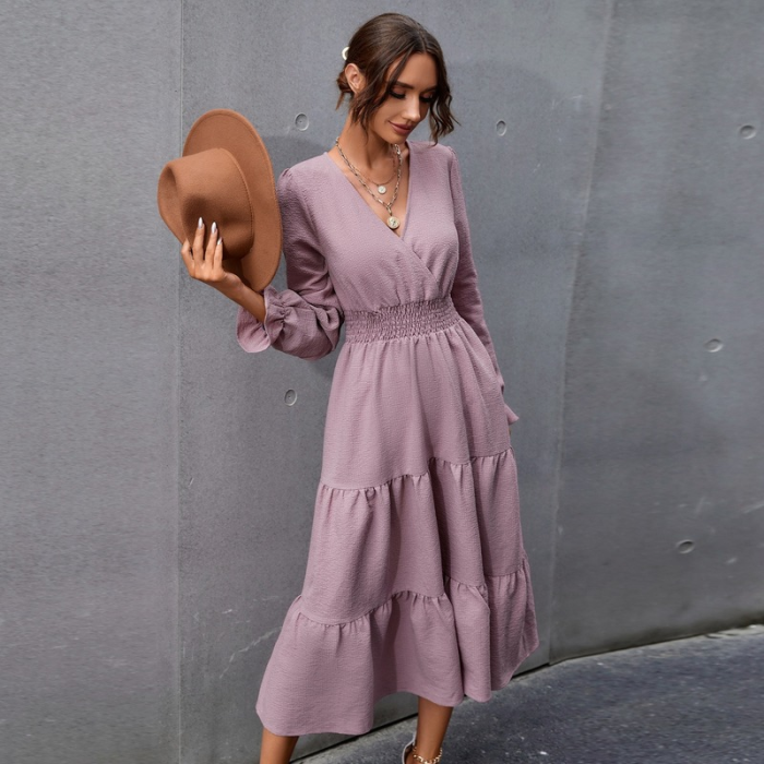 Fashion V Neck High Waist Ruffle Sleeve Elegant Casual Midi Dress