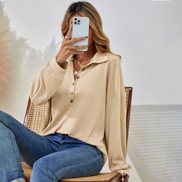 Women's Fashion Solid Color Point Collar Button Long Sleeve Loose  Shirts