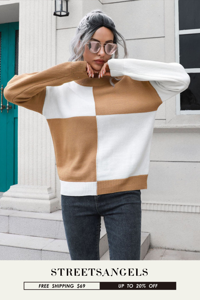 Women's Contrast Color Plaid Round Neck Sweater