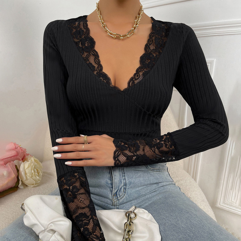 Women's Fashion Solid Color Comfortable Casual V-Neck Lace Slim Fit  Shirts