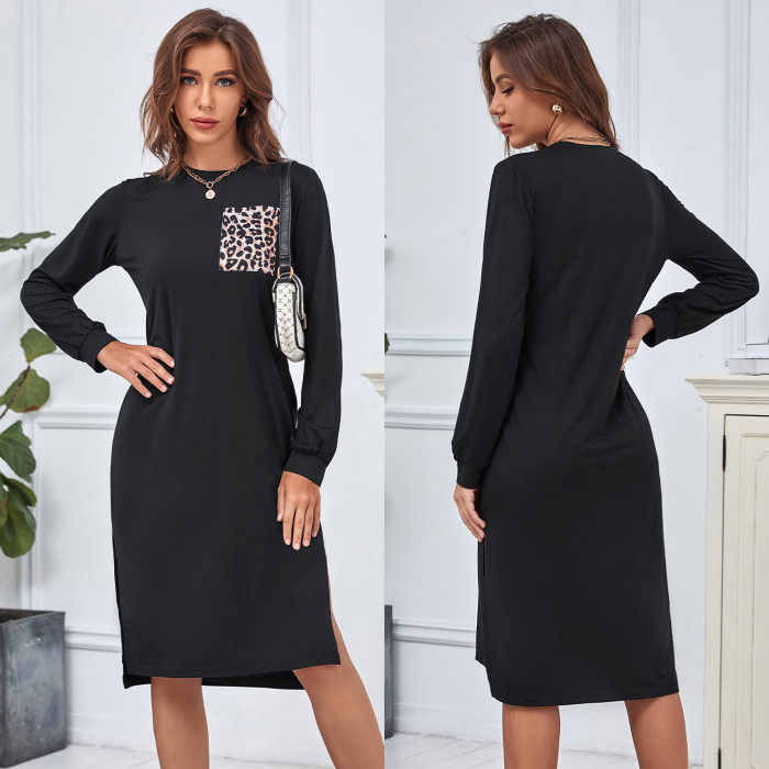 Women's Fashion Casual Long Sleeve Leopard Print Pocket Street  Midi Dress
