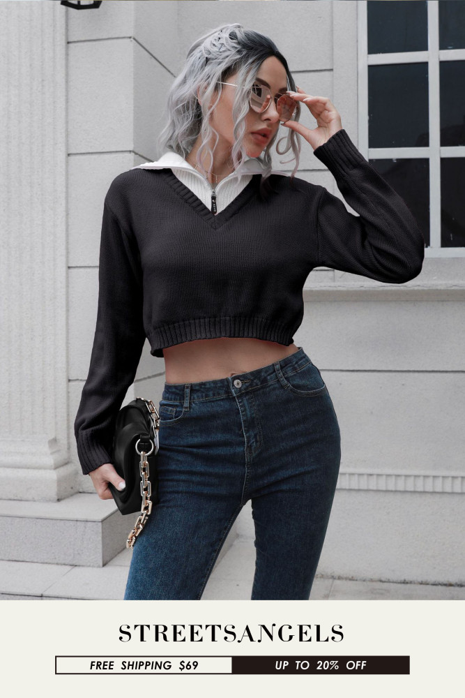 Women's Zipper Lapel Color Block Short Sweaters