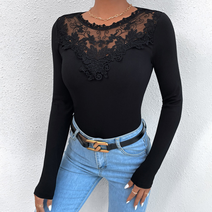 Fashion Sexy Comfortable Casual Solid Color Lace Round Neck  Blouses & Shirts