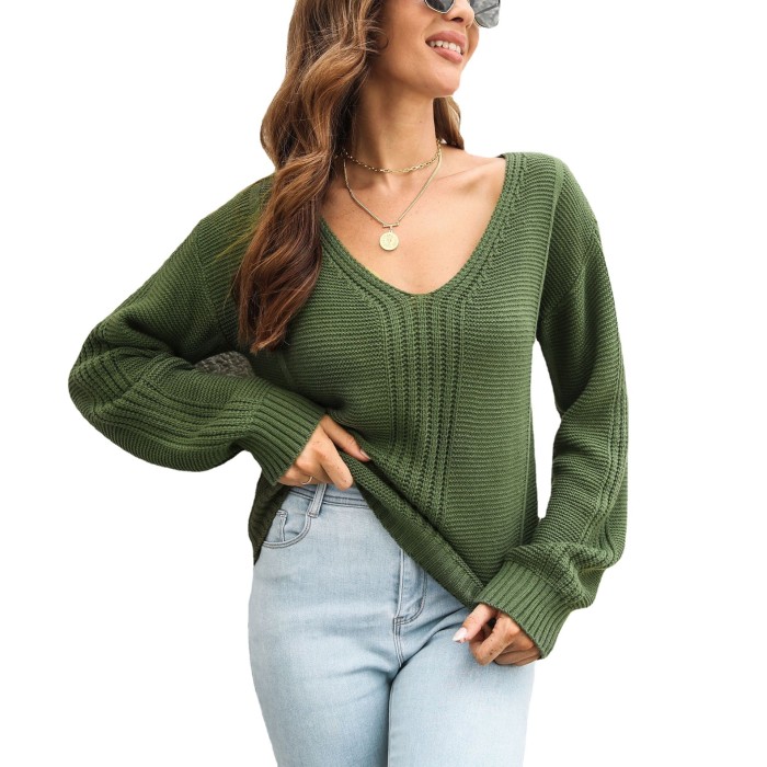 Woman Long Sleeve V-Neck Loose Panel Knit Sweater
