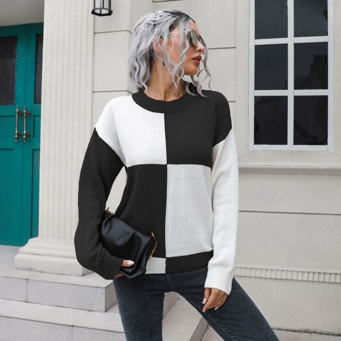 Women's Contrast Color Plaid Round Neck Sweater