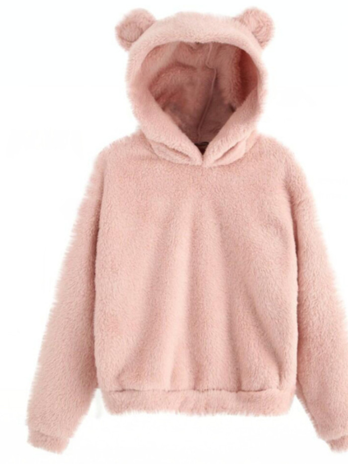 Women's Long Sleeve Rabbit Earmuffs Cute Plush Warm Fashion Casual Hoodie