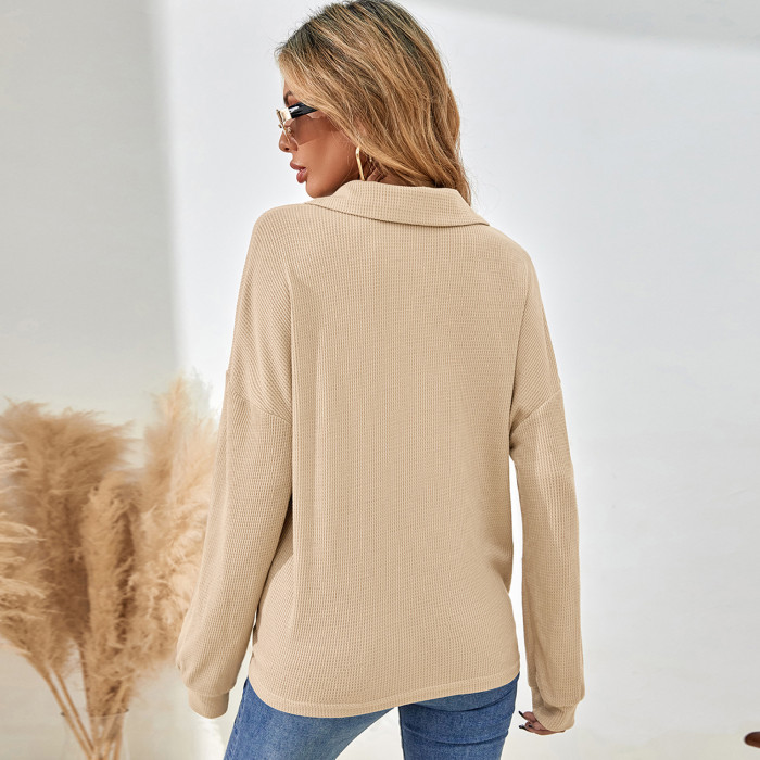 Women's Fashion Solid Color Point Collar Button Long Sleeve Loose  Shirts