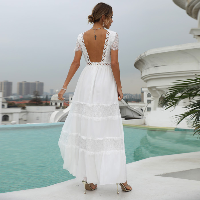 New White Lace Sexy Backless Maxi Dresses