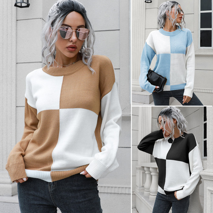 Women's Contrast Color Plaid Round Neck Sweater