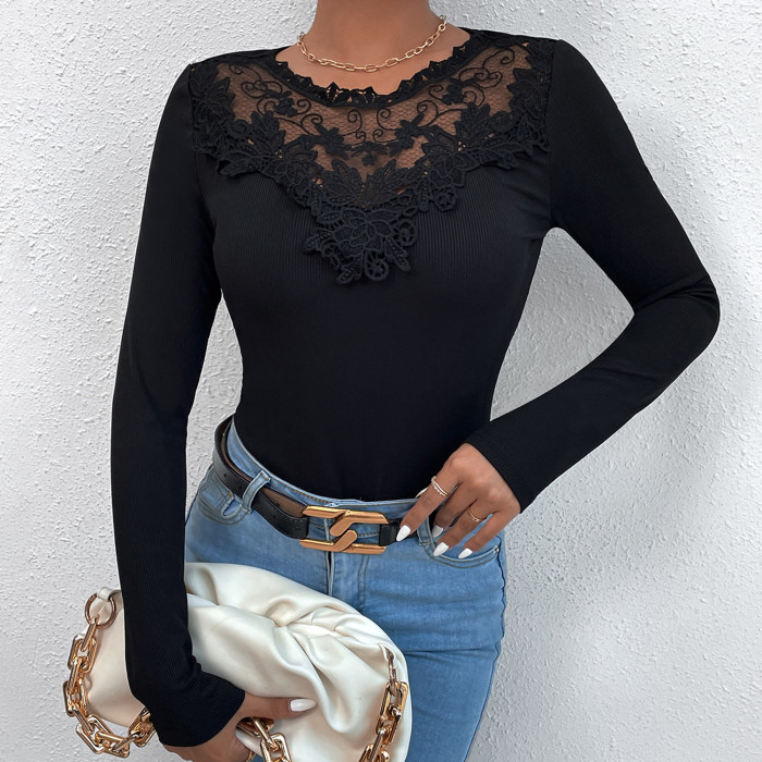 Fashion Sexy Comfortable Casual Solid Color Lace Round Neck  Blouses & Shirts