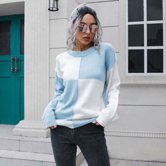 Women's Contrast Color Plaid Round Neck Sweater