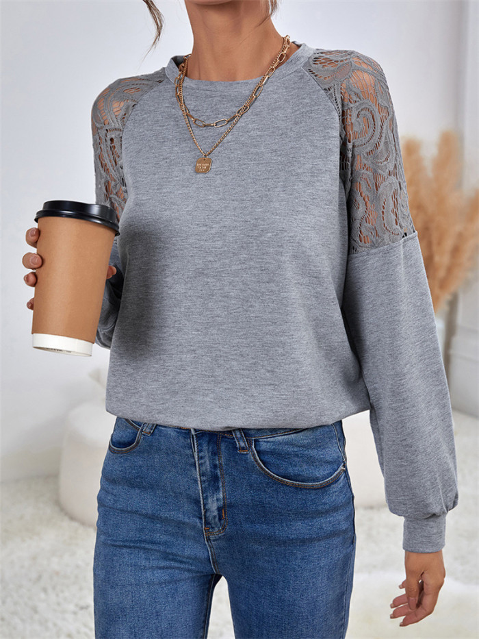 Women's Solid Color Lace Fashion Loose Casual Blouses & Shirts