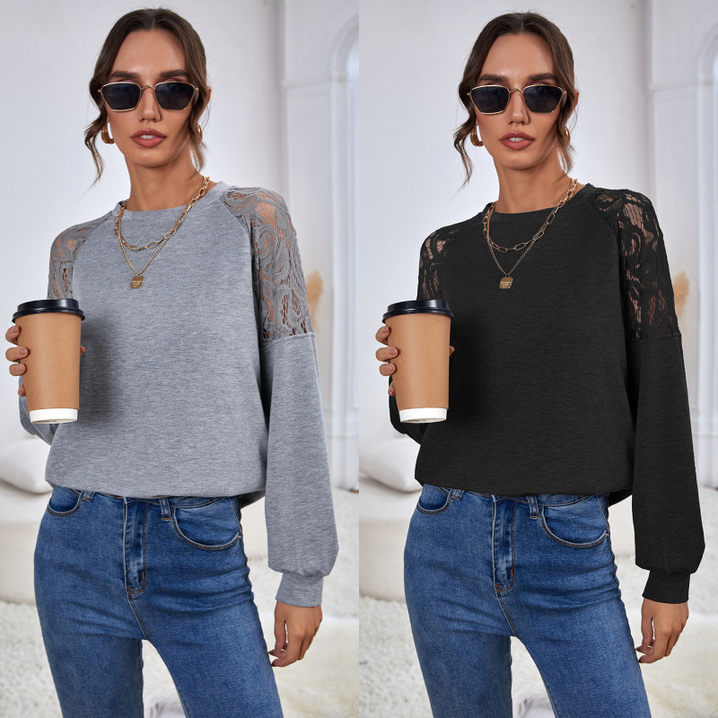 Women's Solid Color Lace Fashion Loose Casual Blouses & Shirts