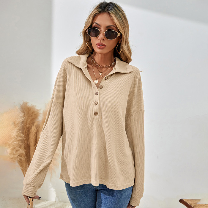 Women's Fashion Solid Color Point Collar Button Long Sleeve Loose  Shirts