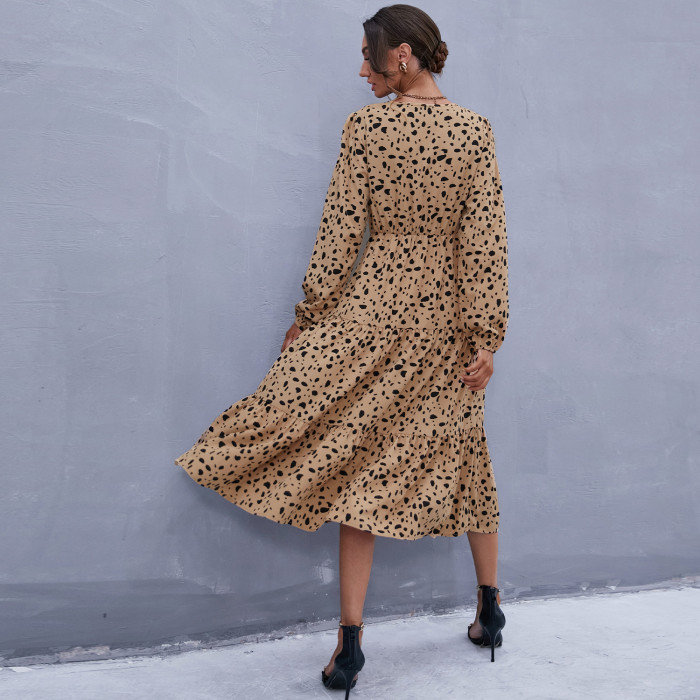 Fashion Elegant Leopard Print O Neck Party Casual  Midi Dress