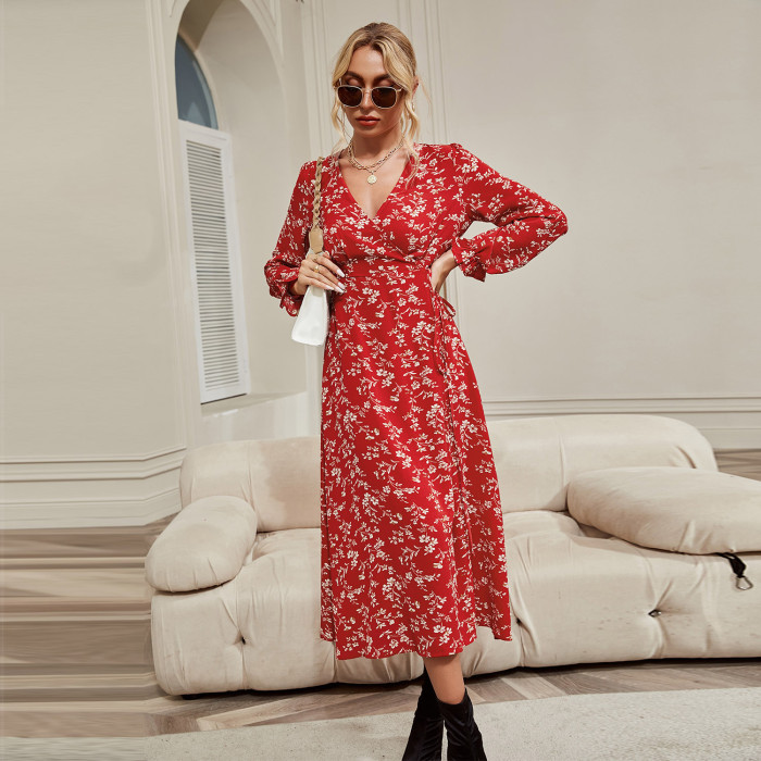 Fashion Women's Sexy V-Neck Printed Swing  Midi Dress