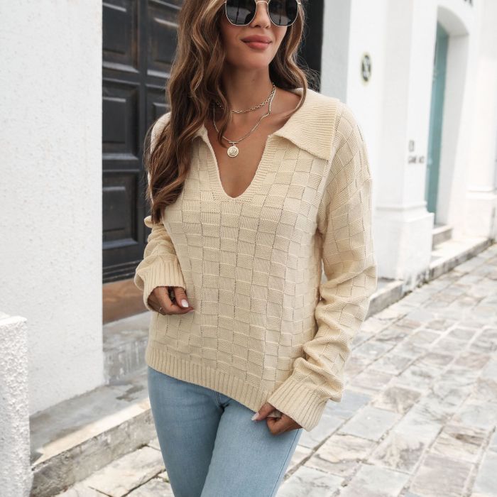 Women's Fashion Loose Plaid Lapel Sweater
