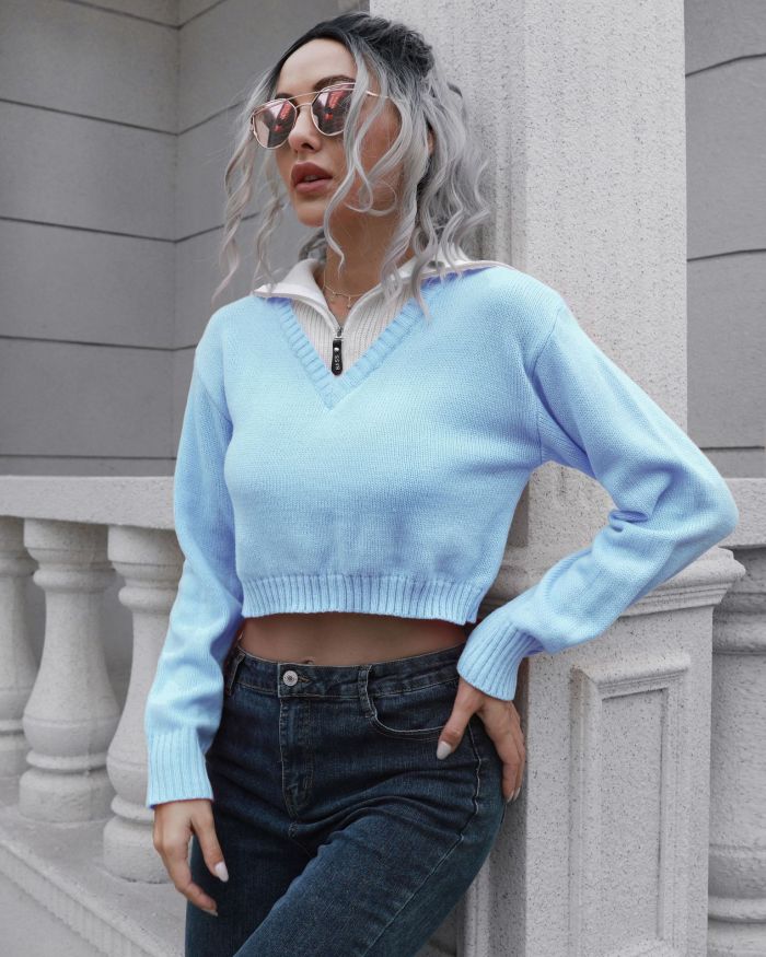 Women's Zipper Lapel Color Block Short Sweaters