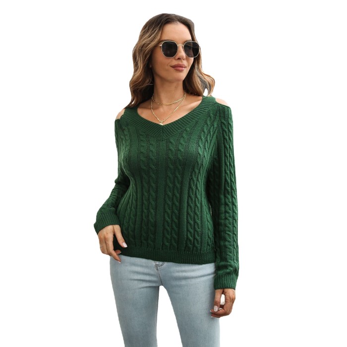 Women's Loose Twist Pattern Off-Shoulder V-Neck Sweater