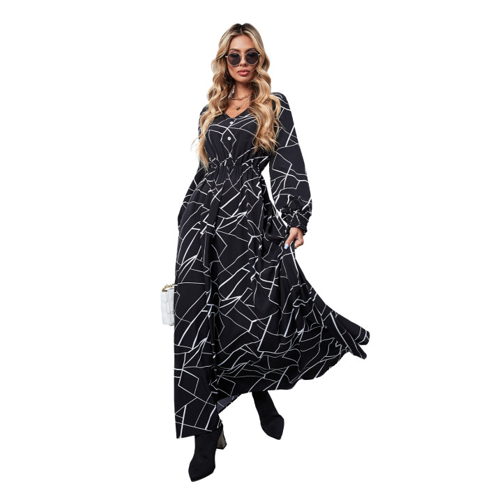 Fashion V-Neck Irregular Long Sleeve Swing  Maxi Dress
