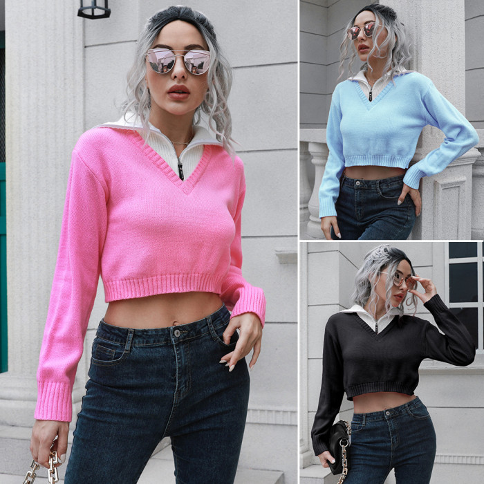 Women's Zipper Lapel Color Block Short Sweaters