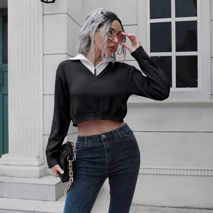 Women's Zipper Lapel Color Block Short Sweaters