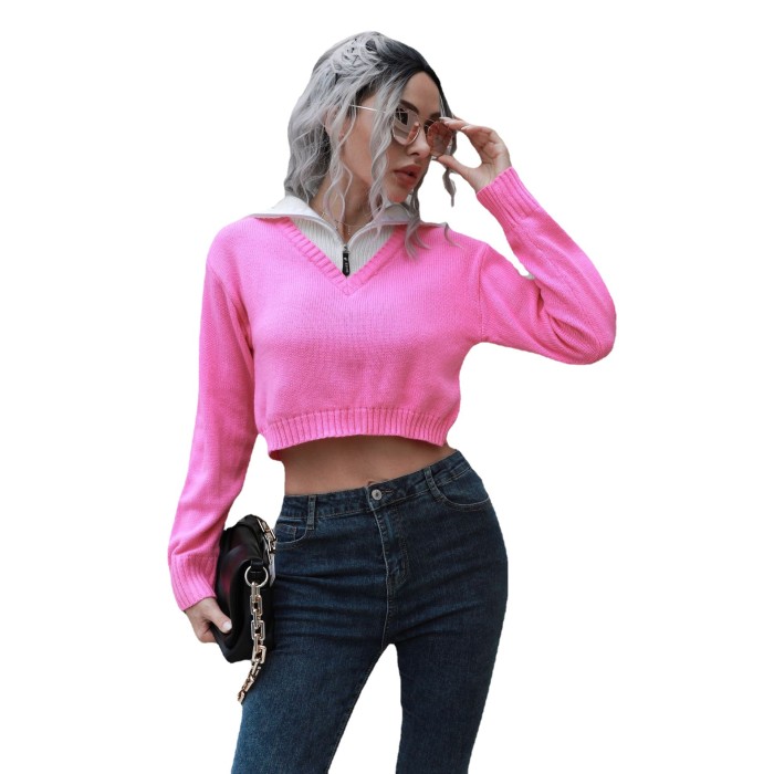 Women's Zipper Lapel Color Block Short Sweaters
