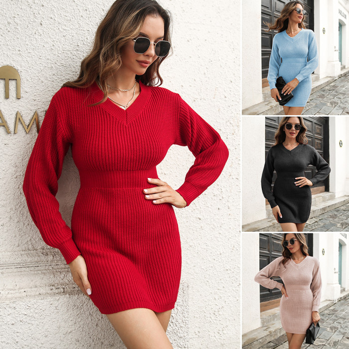 Vintage High Waist Knitted Slim Soft Sweater Dresses