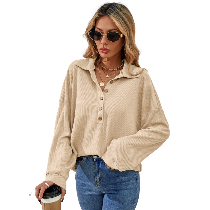 Women's Fashion Solid Color Point Collar Button Long Sleeve Loose  Shirts