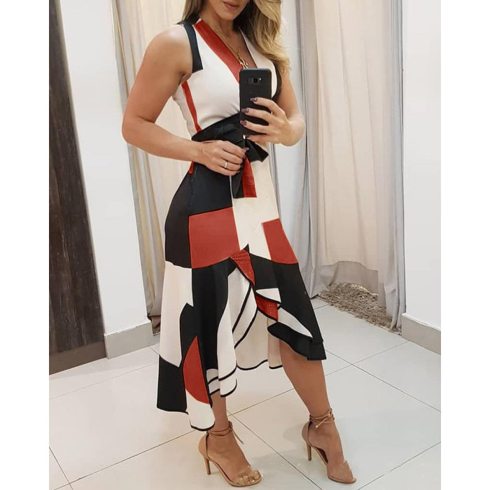Fashionable Sexy V-Neck Sleeveless Contrast Print Midi Dress