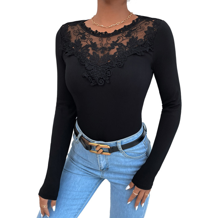 Fashion Sexy Comfortable Casual Solid Color Lace Round Neck  Blouses & Shirts