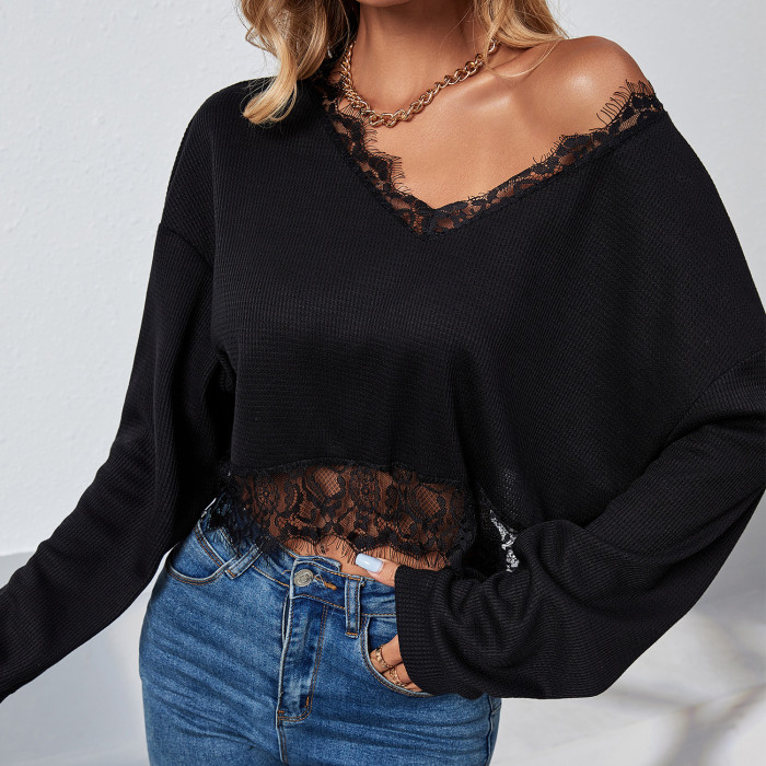 Fashion Sexy Casual Solid Color Lace V-Neck Long Sleeves Blouses & Shirts