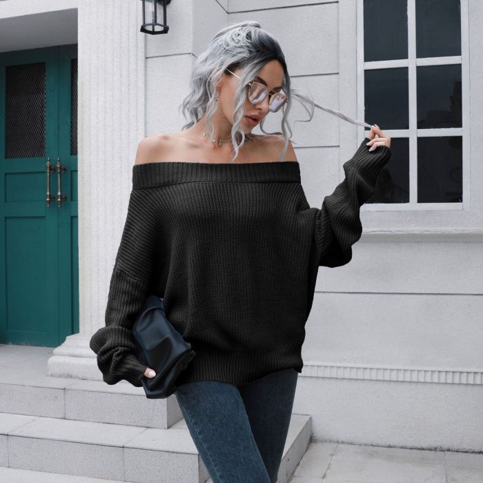 Woman Fashion Slash-neck Full Sleeve Knitted Sweater