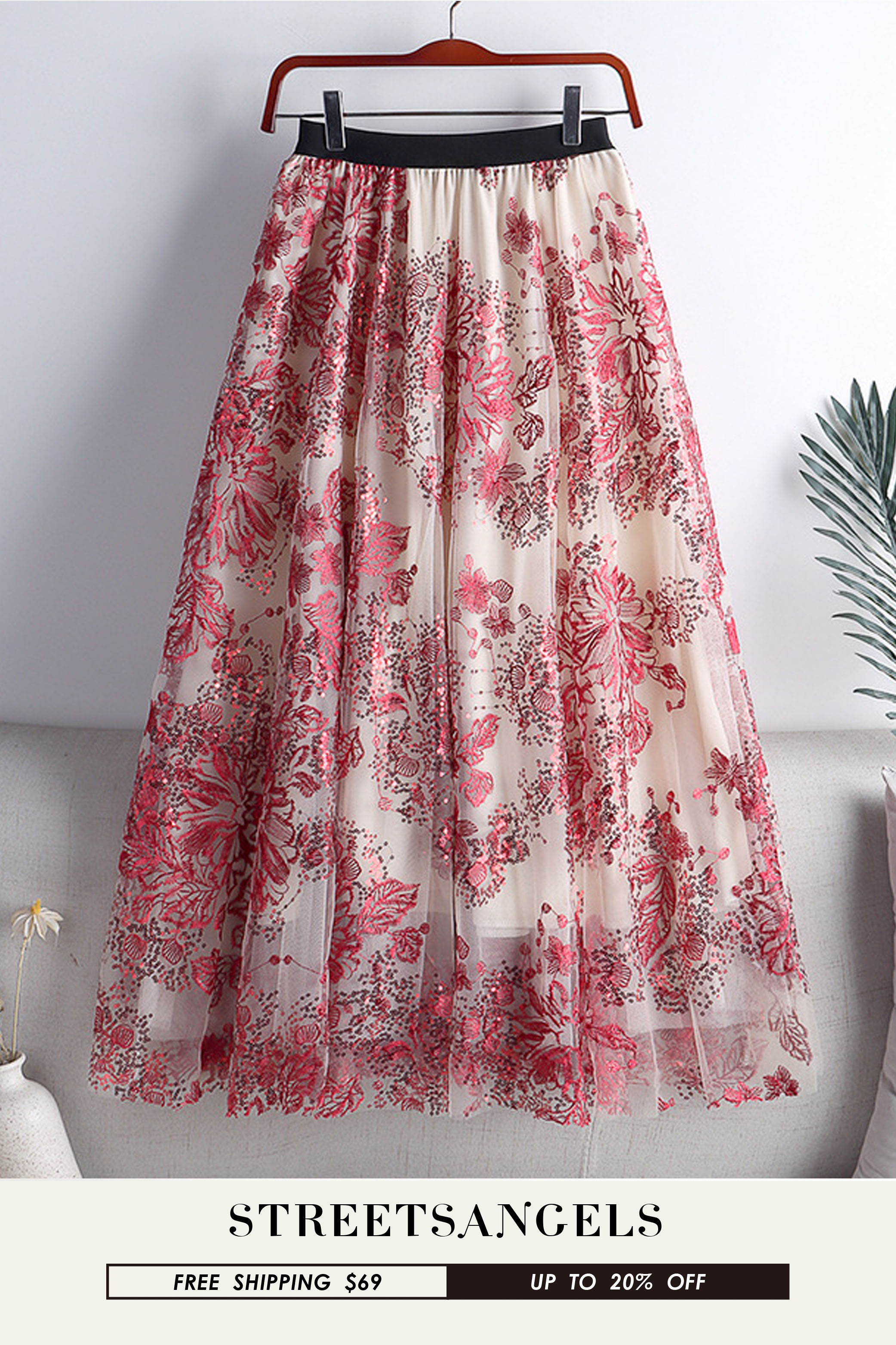 Spring Women Glitter Openwork Embroidery Skirt Elastic High Waist Fringe Hem A Line Midi Skirt