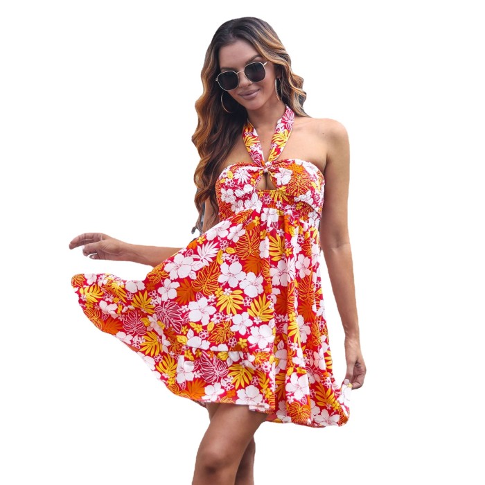 Floral Print Halter Backless Sexy Vacation Dress