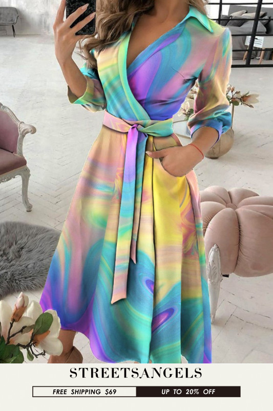 Fashion Long Sleeve V Neck Print Sexy Lace Up  Midi Dress