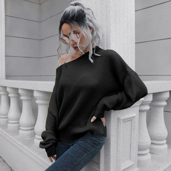 Woman Fashion Slash-neck Full Sleeve Knitted Sweater