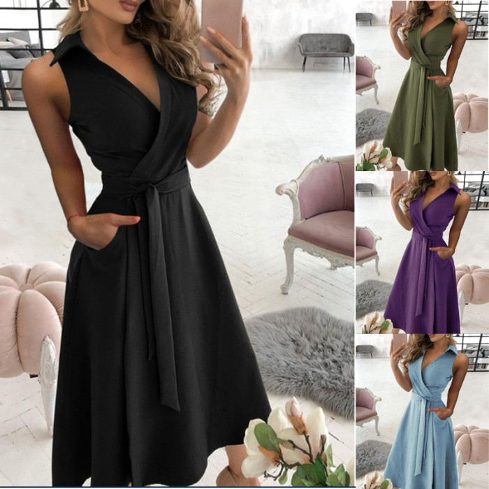 Fashion Solid Color Sexy Deep V-Neck A-Line Waist Irregular Midi Dress